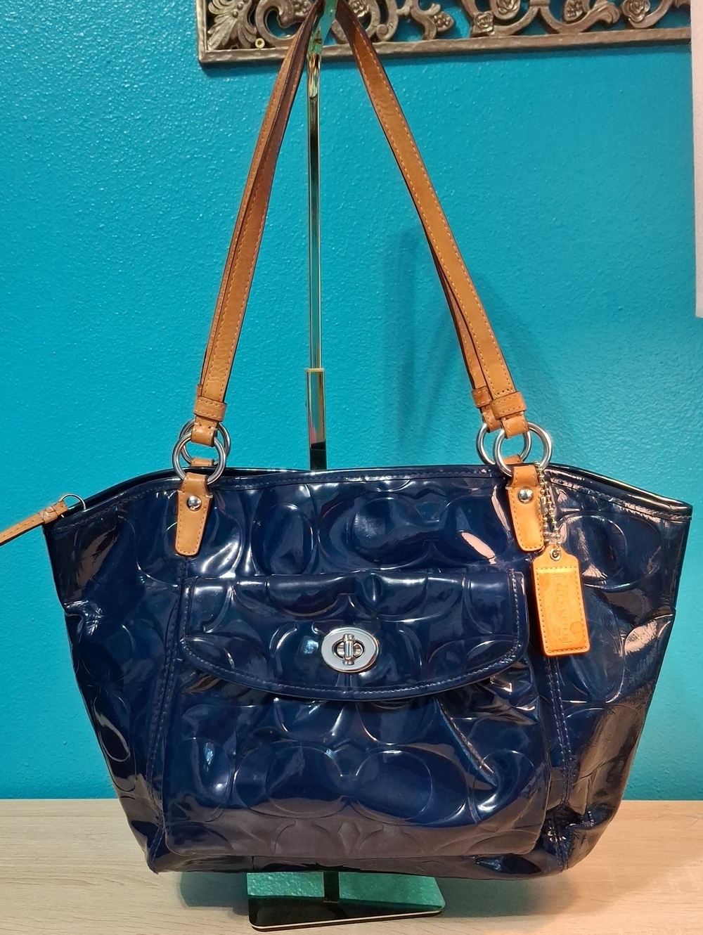 Coach Leah Siganture Embossed Patent Tote with Tan Leather Straps